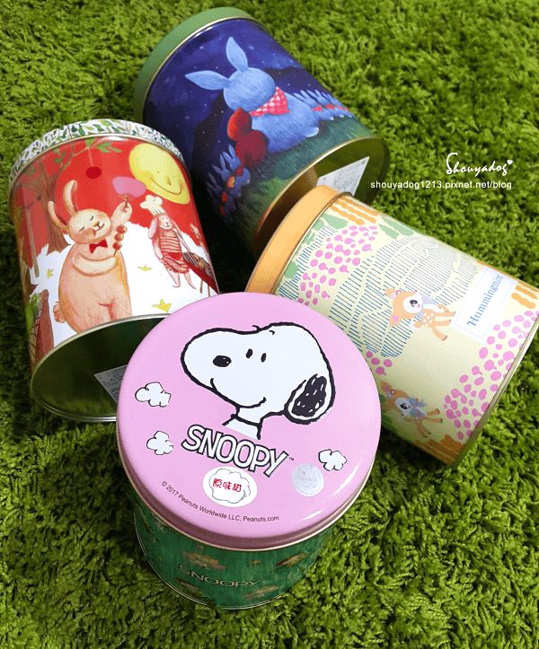 米樂繽紛爆米花,史努比罐的原味爆米花,幾米星空兔的黃巧達起司爆米花,月兔派對橘罐的巧克力爆米花,森林哈妮鹿的焦糖爆米花