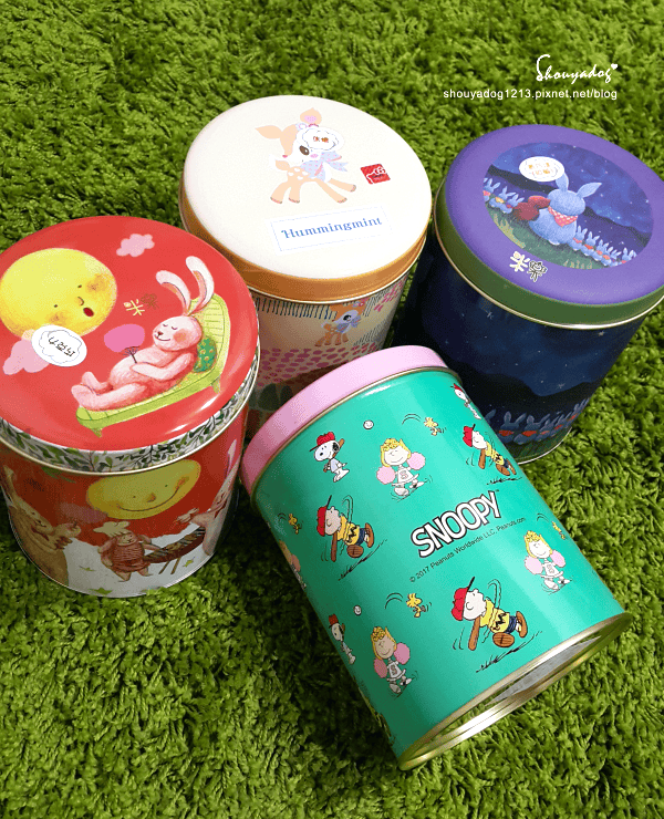 米樂繽紛爆米花,史努比罐的原味爆米花,幾米星空兔的黃巧達起司爆米花,月兔派對橘罐的巧克力爆米花,森林哈妮鹿的焦糖爆米花