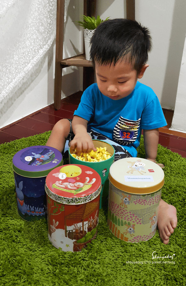 米樂繽紛爆米花,史努比罐的原味爆米花,幾米星空兔的黃巧達起司爆米花,月兔派對橘罐的巧克力爆米花,森林哈妮鹿的焦糖爆米花