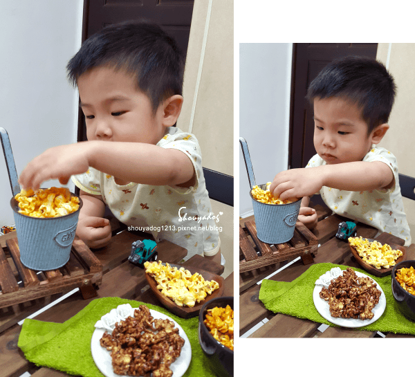 米樂繽紛爆米花,史努比罐的原味爆米花,幾米星空兔的黃巧達起司爆米花,月兔派對橘罐的巧克力爆米花,森林哈妮鹿的焦糖爆米花