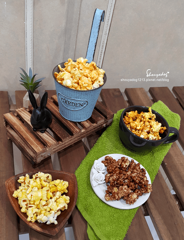 米樂繽紛爆米花,史努比罐的原味爆米花,幾米星空兔的黃巧達起司爆米花,月兔派對橘罐的巧克力爆米花,森林哈妮鹿的焦糖爆米花