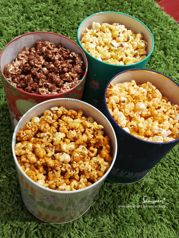 米樂繽紛爆米花,史努比罐的原味爆米花,幾米星空兔的黃巧達起司爆米花,月兔派對橘罐的巧克力爆米花,森林哈妮鹿的焦糖爆米花