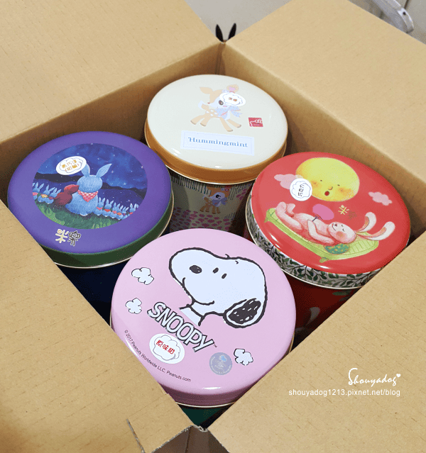 米樂繽紛爆米花,史努比罐的原味爆米花,幾米星空兔的黃巧達起司爆米花,月兔派對橘罐的巧克力爆米花,森林哈妮鹿的焦糖爆米花