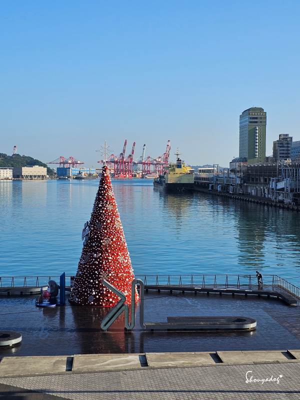 基隆中華郵輪文旅-海洋廣場海景房窗外景色-早晨的聖誕樹