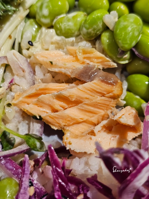忠孝SOGO美食|gonna EXPRESS:細品地中海風格的原型食物。Power Bowl 跟 Poke 哪裡不同? - 第12張圖 gonnaEXPRESS-青醬酪梨烤鮭魚碗-煎香鮭魚與台梗九號米基底-特寫